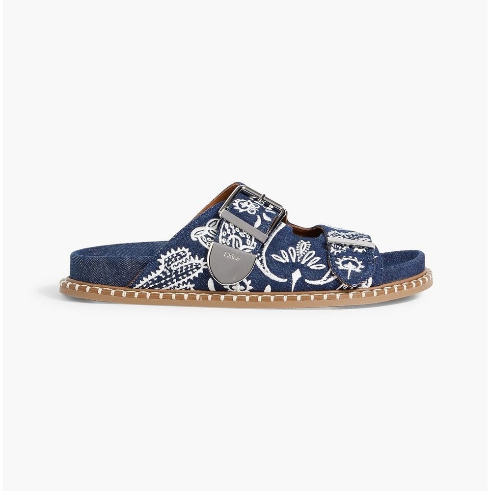 Chloe Rebecca Embroidered Denim Sandal Bandana‎ Print Slides Size 40 Vacation
